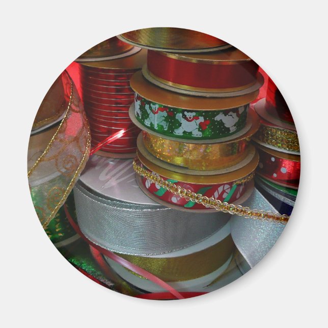 Spools of Christmas Ribbon Holiday Red and Gold Magnet (Front)