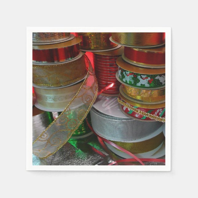 Spools of Christmas Ribbon Holiday Red and Gold Napkin (Front)