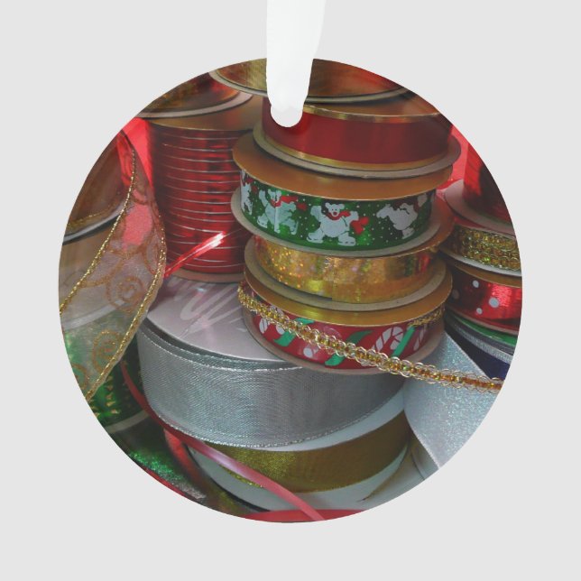 Spools of Christmas Ribbon Holiday Red and Gold Ornament (Front)