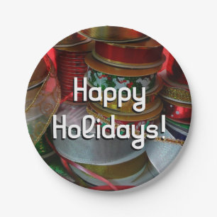 Spools of Christmas Ribbon Holiday Red and Gold Paper Plate