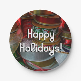 Spools of Christmas Ribbon Holiday Red and Gold Paper Plate