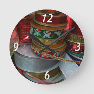 Spools of Christmas Ribbon Holiday Red and Gold Round Clock
