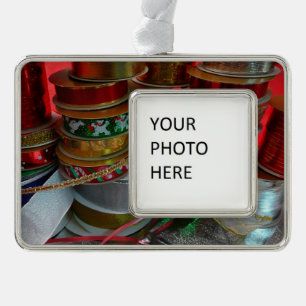Spools of Christmas Ribbon Holiday Red and Gold Silver Plated Framed Ornament