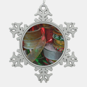 Spools of Christmas Ribbon Holiday Red and Gold Snowflake Pewter Christmas Ornament