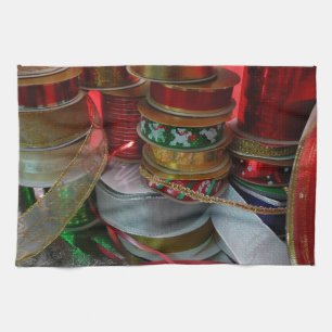 Spools of Christmas Ribbon Holiday Red and Gold Tea Towel