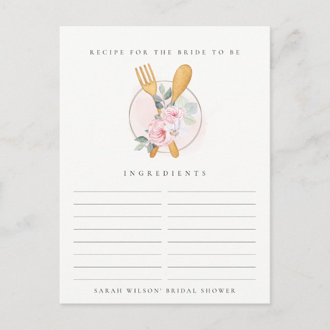 Spoon Fork Floral Recipe Request Bridal Shower Postcard (Front)