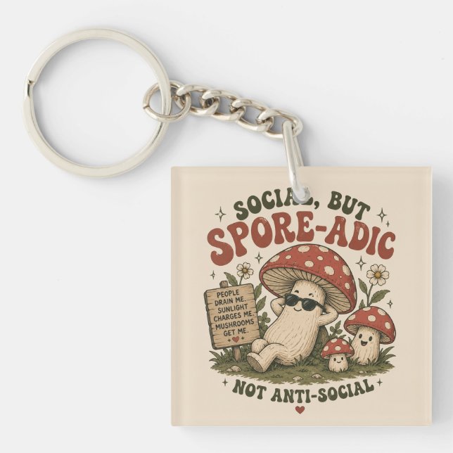 Spore-Adic Mood – Cute Chill Mushroom Retro Design Key Ring (Front)
