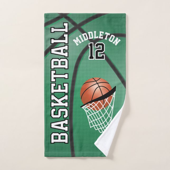 Sport 🏀 Basketball on Green Background Hand Towel (Hand Towel)
