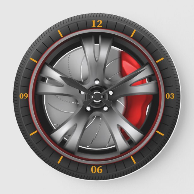Sport car wheel with red brake gear  large clock (Front)