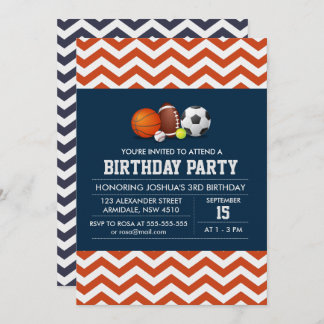 Sport chevron theme birthday boy party invitation