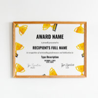 Sport Excellence Award Certificate with trophy