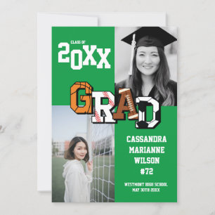 Sport Graduation Soccer Basketball Football Green Invitation