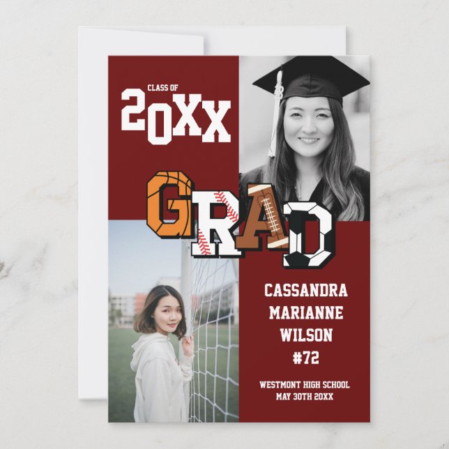 Sport Graduation Soccer Basketball Football Maroon Invitation (Front)