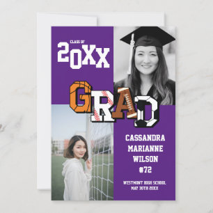 Sport Graduation Soccer Basketball Football Purple Invitation