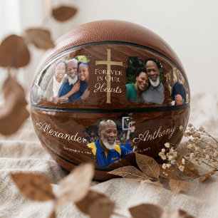 Sport Memorial Photo Keepsake Woodgrain Cross Basketball
