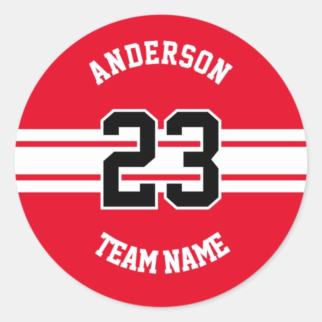 Sport Name, Team and Number Red Designs Classic Round Sticker (Front)