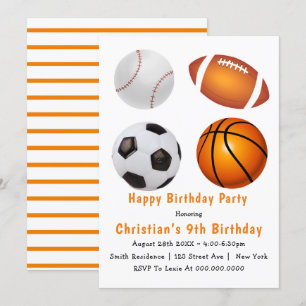 Sport Theme 9th Birthday Party Invitations