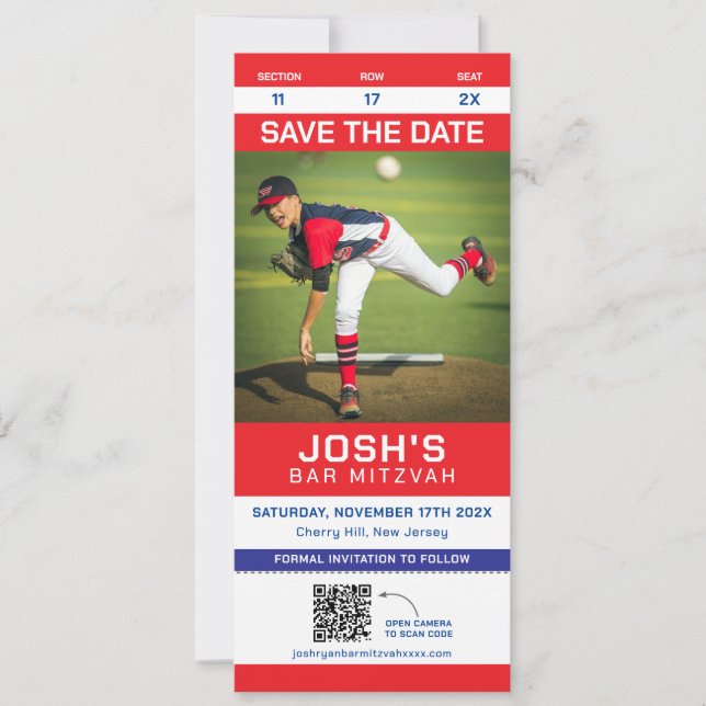 Sport Ticket Bar Mitzvah Save The Date QR Code (Front)