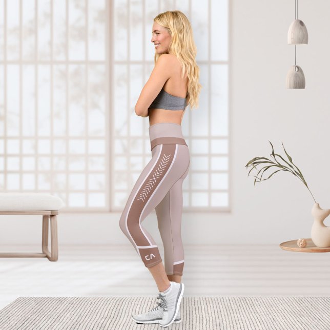 Sportive Mocha Mousse Geometric Stripes Monogram  Capri Leggings (Sportive Mocha Mousse Geometric Stripes Monogram Capri Leggings ©Sachers - Sunny Wanderlust 🌞✈️)