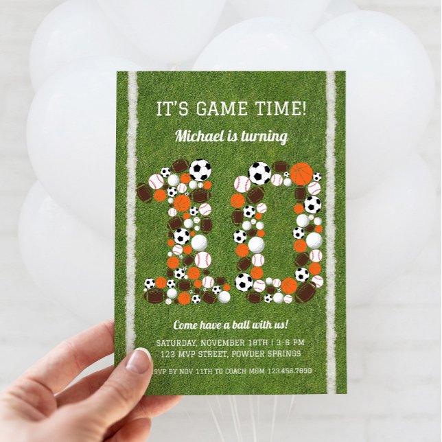 Sports 10th Birthday Party Invitation (Sports 10th Birthday Invitation)