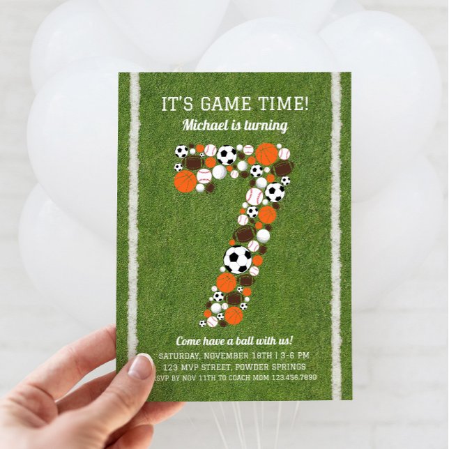 Sports 7th Birthday Party Invitation (Sports 7th Birthday Invitation)