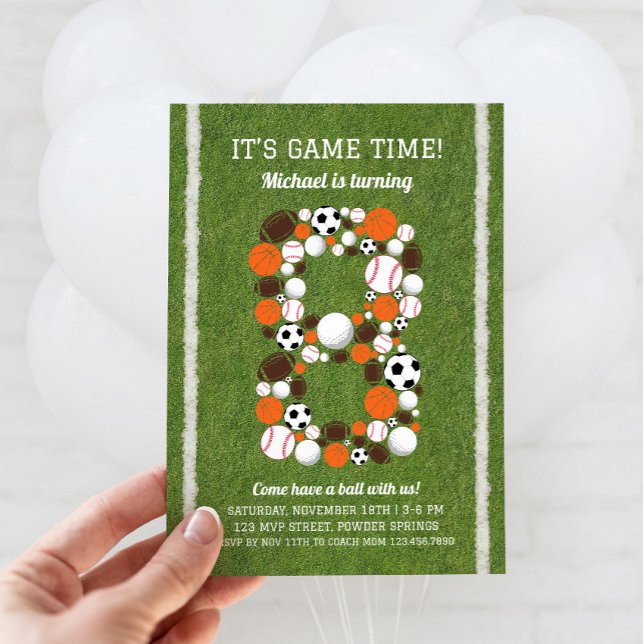 Sports 8th Birthday Party Invitation (Sports 8th Birthday Invitation)