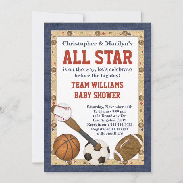 Sports All Star Baby Shower Invitation (Front)