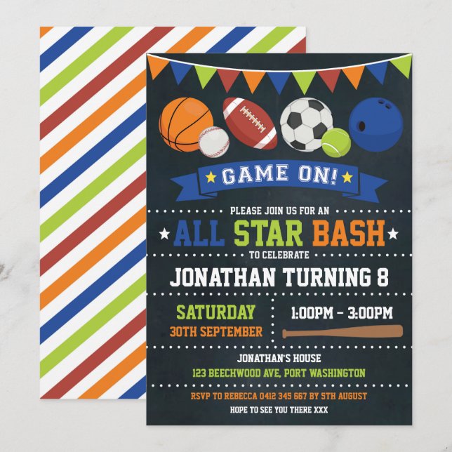 Sports All Star Birthday Baseball Basketball Party Invitation (Front/Back)