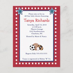 Sports All Stars Red Border Baby Shower Invitation