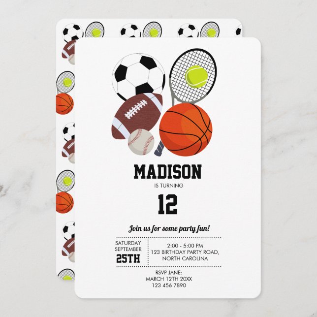 Sports Athletic Balls Birthday Party Invitation (Front/Back)