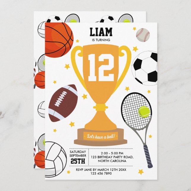 Sports Athletic Balls Kids Athletic Birthday Party Invitation (Front/Back)