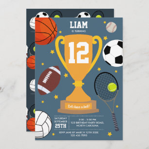 Sports Athletic Balls Kids Blue Birthday Party Invitation