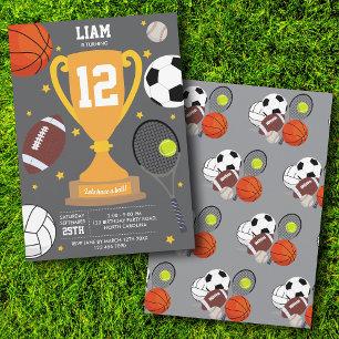 Sports Athletic Balls Kids Grey Birthday Party Invitation