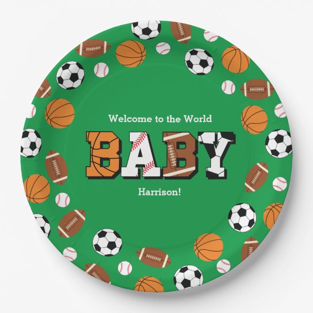 Sports Baby Shower Co-ed Green Gender Neutral Paper Plate (Front)