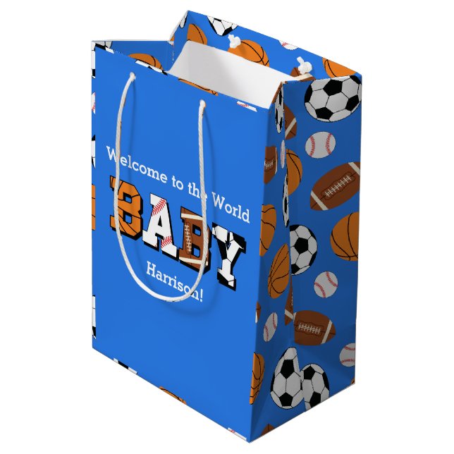 Sports Baby Shower Co-ed Theme Boy Blue Medium Gift Bag (Back Angled)