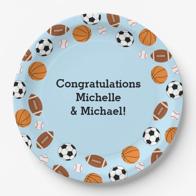 Sports Baby Shower Co-ed Theme Boy Blue Paper Plate (Front)