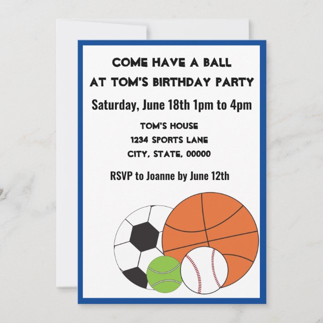 Sports Ball Games Personalise Birthday Invitation (Front)