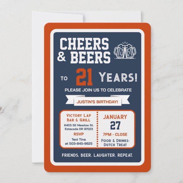 Sports Bar Birthday Cheers and Beers to 21 Years Invitation (Front)