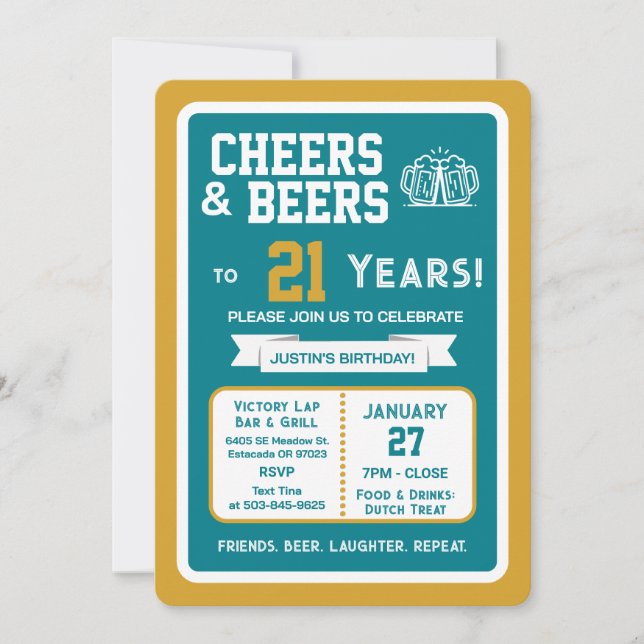 Sports Bar Birthday Cheers and Beers to 21 Years  Invitation (Front)