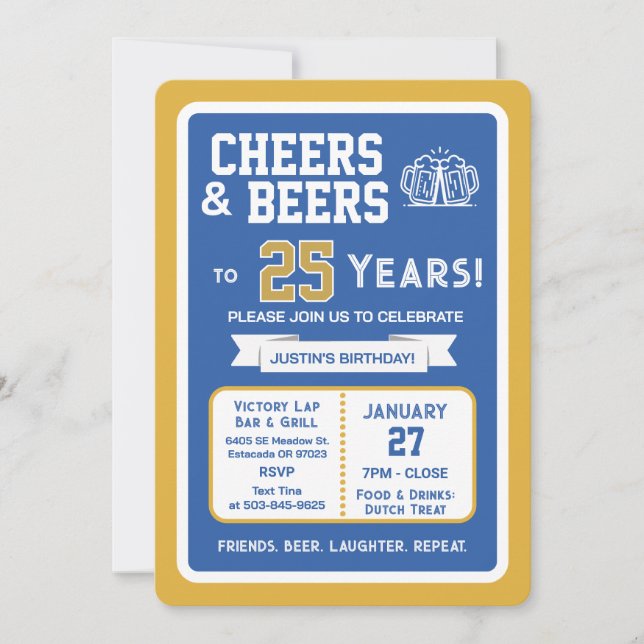 Sports Bar Birthday Cheers and Beers to 25 Years  Invitation (Front)