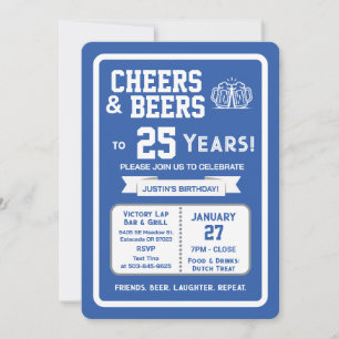 Sports Bar Birthday Cheers and Beers to 25 Years  Invitation