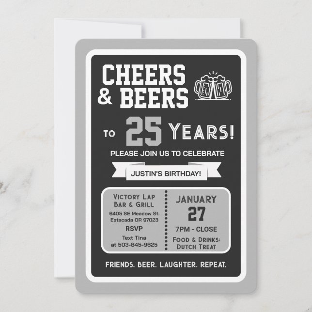 Sports Bar Birthday Cheers and Beers to 25 Years Invitation (Front)