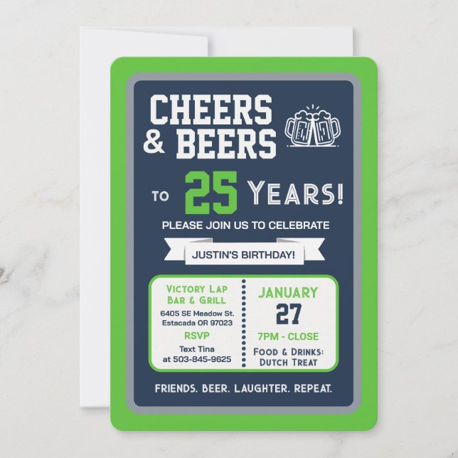 Sports Bar Birthday Cheers and Beers to 25 Years Invitation (Front)