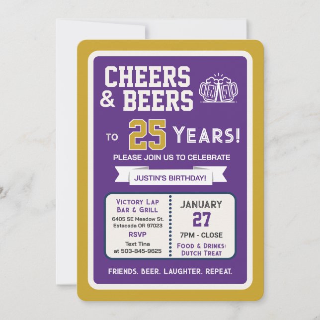 Sports Bar Birthday Cheers and Beers to 25 Years  Invitation (Front)