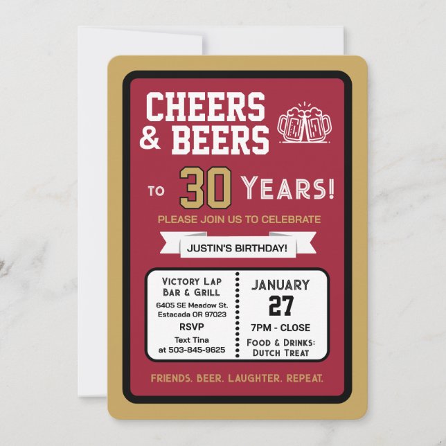 Sports Bar Birthday Cheers and Beers to 30 Years  Invitation (Front)