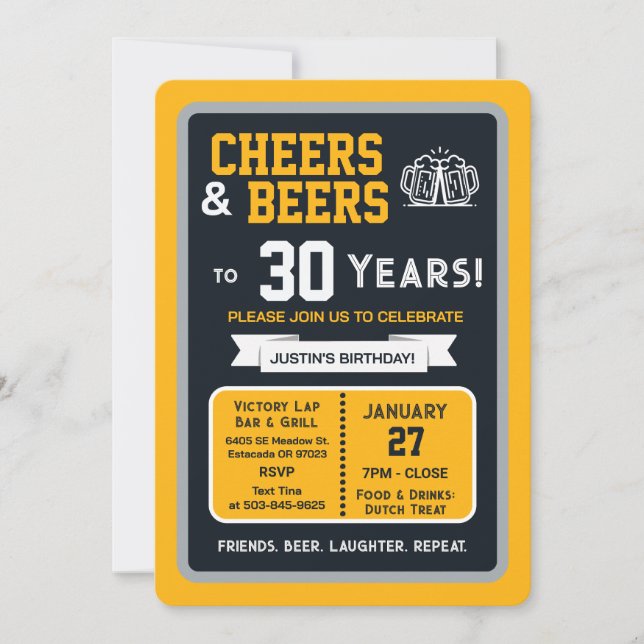 Sports Bar Birthday Cheers and Beers to 30 Years Invitation (Front)
