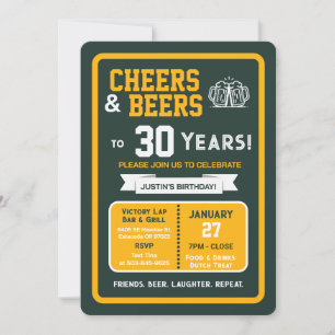 Sports Bar Birthday Cheers and Beers to 30 Years Invitation