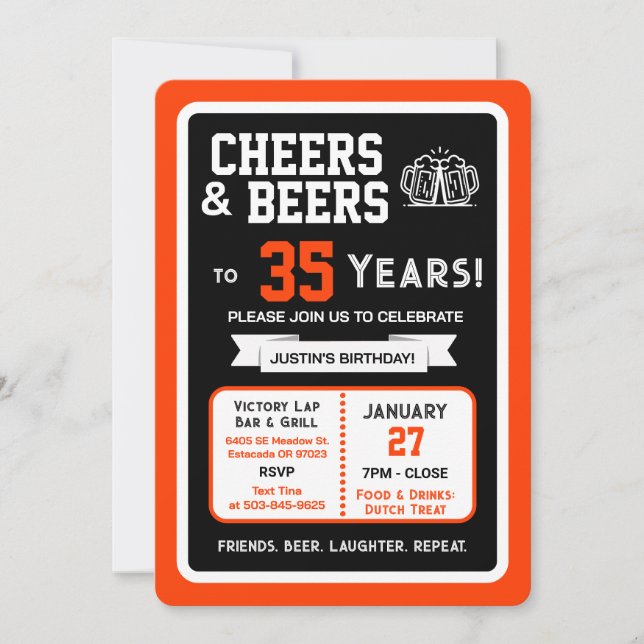Sports Bar Birthday Cheers and Beers to 35 Years  Invitation (Front)
