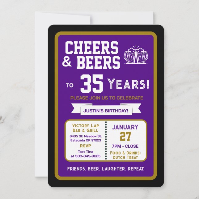 Sports Bar Birthday Cheers and Beers to 35 Years Invitation (Front)