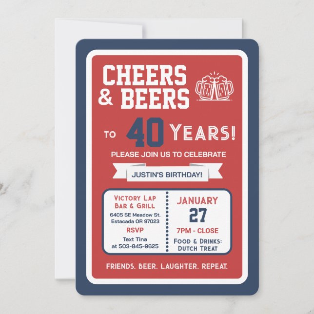 Sports Bar Birthday Cheers and Beers to 40 Years  Invitation (Front)